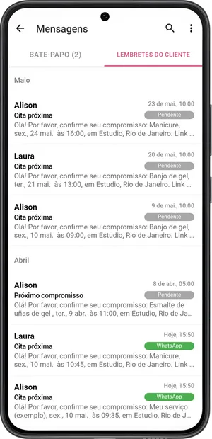 Bate-papos e lembretes do clientes 2